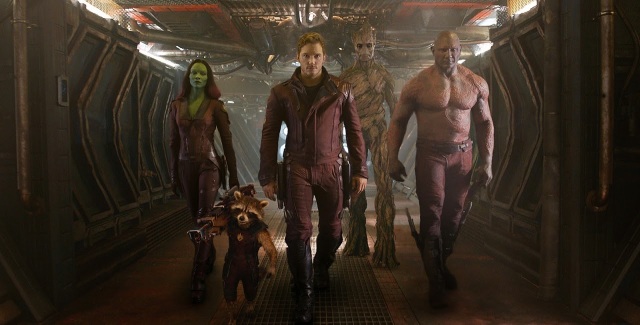 Cast of Guardians of the Galaxy walking towards the camera